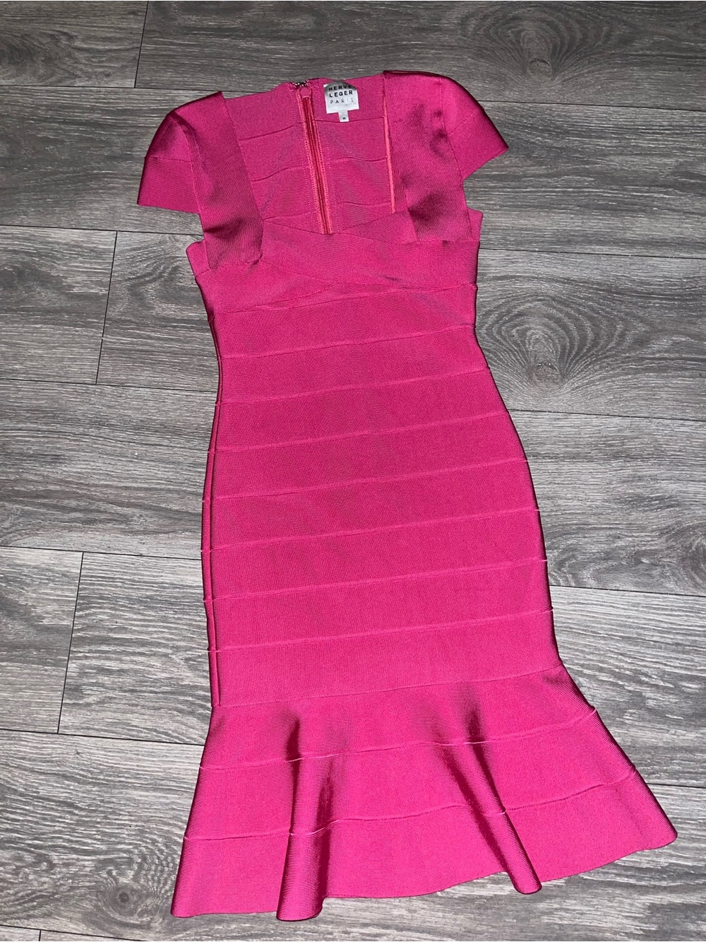 Herve Leger Hot Pink Bandage Midi Dress with Flared Hem